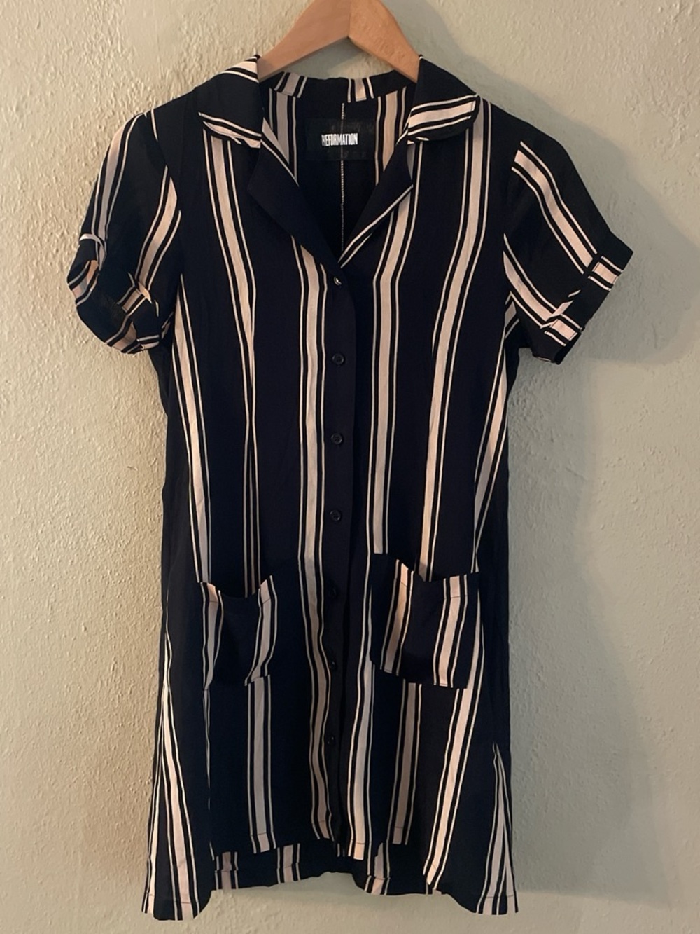 Reformation Black and Cream Striped Button-Front Dress